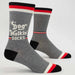 Gray socks with red and black accents and 'Dog Walking Socks' text on a white background