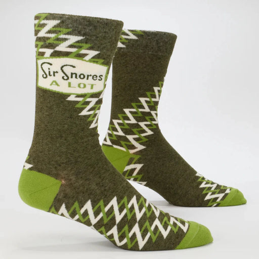 Green socks with white patterns and text on a white background