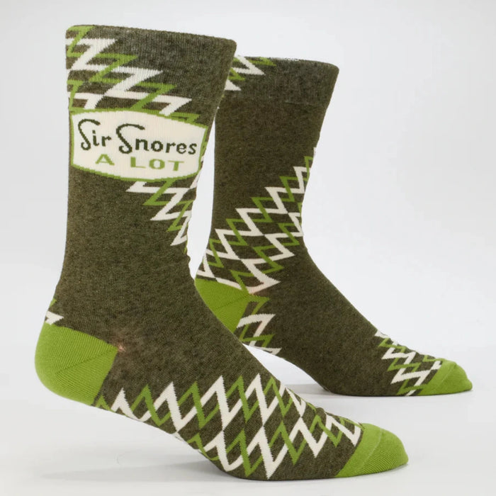 Green socks with white patterns and text on a white background