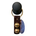 Black ball with gold accents and a leather strap on a white background