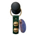 Keychain with black ball, gold rings, green leather strap, and map design on a white background