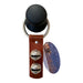 Keychain with black ball, brown leather strap, silver bells, and a purple tag on a white background
