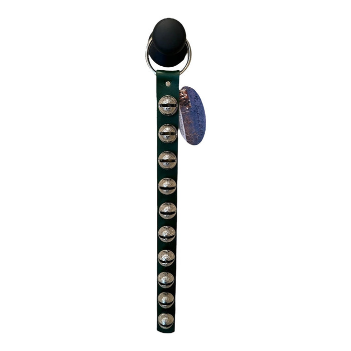 Green leather strap with silver metal rings and a purple accent on a white background