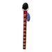Red strap with gold bells and a black clip on a white background