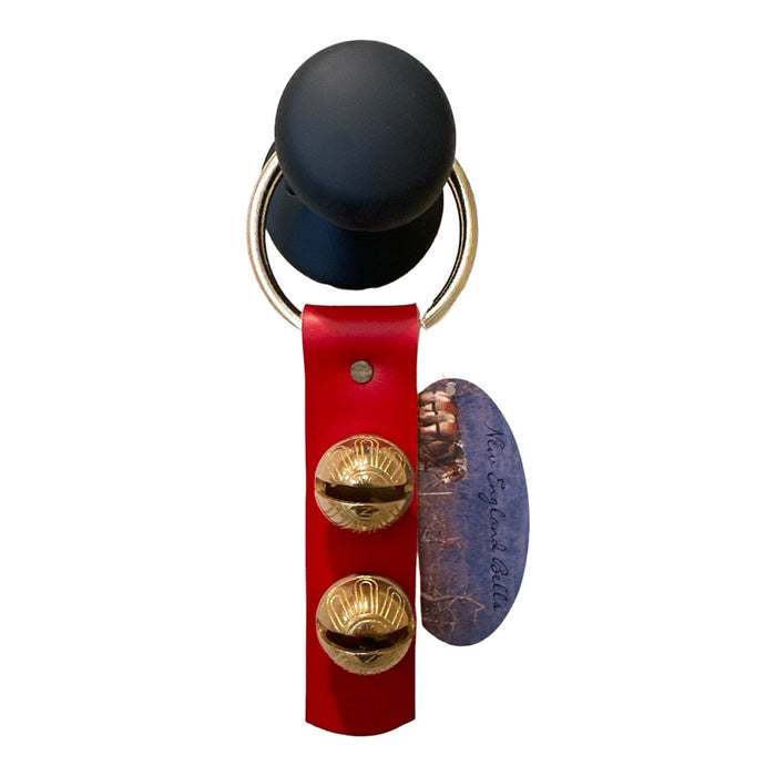 Black rubber ball with red leather strap and gold metal clasps on a white background