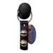 Black leather earring with gold accents and a brand tag on a white background