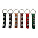 Set of six keychains with leather straps and metal bells in black, brown, red, and green.
