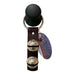 Keychain with black ball, leather strap, and metallic tags on a white background