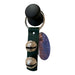 Black leather strap with silver bells and a purple tag on a white background