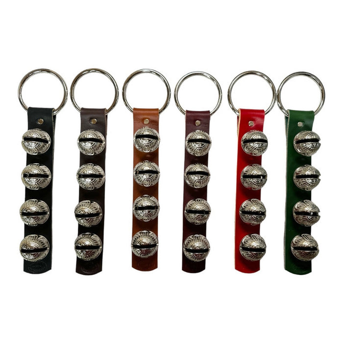 Set of five keychains with leather straps and metal bell accents in black, brown, red, and green.