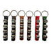 Set of five keychains with leather straps and metal bell accents in black, brown, red, and green.