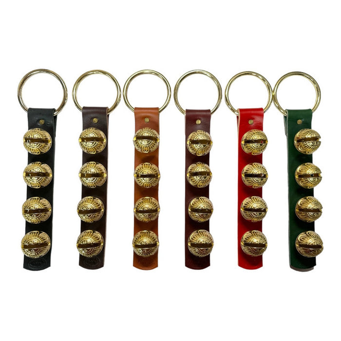 Set of six keychains with gold embellishments on black, brown, red, and green leather straps.