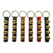 Set of six keychains with gold embellishments on black, brown, red, and green leather straps.