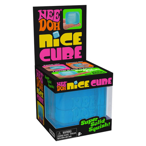 Box of Nee Doh Nice Cube with colorful text and a blue cube inside