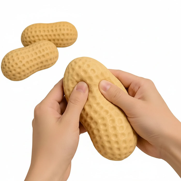 Two hands holding a large beige peanut-shaped object against a white background.