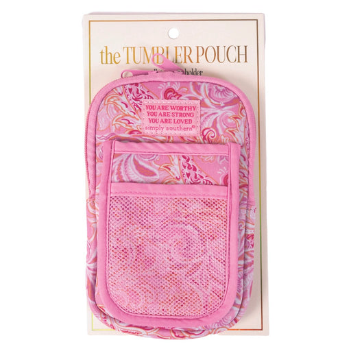 Simply Southern pink tumbler pouch with paisley design and mesh pocket for phone and essentials