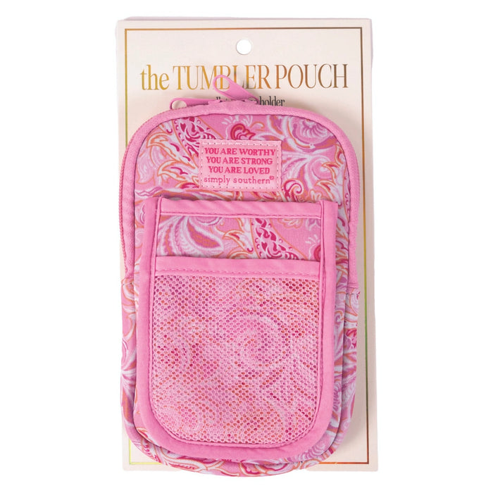 Simply Southern pink tumbler pouch with paisley design and mesh pocket for phone and essentials