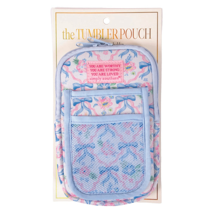Simply Southern ribbon tumbler pouch with blue trim and mesh pocket for phone and essentials