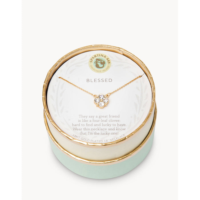 blessed necklace, four-leaf clover necklace, friendship gift, Spartina jewelry, crystal clover pendant, lucky charm necklace, gift for best friend, gold dainty necklace