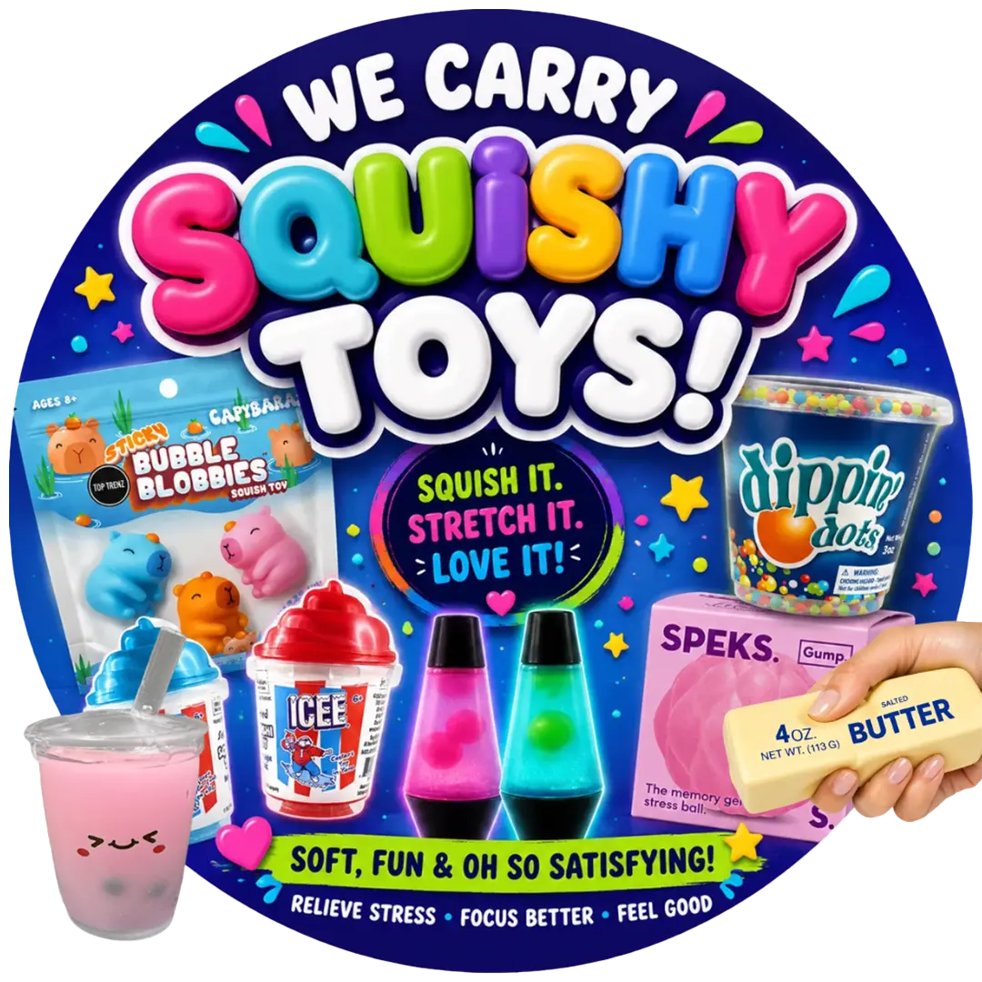 Promotional sign for squishy toys with various squishy items displayed.