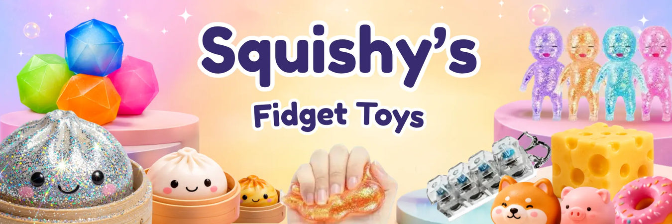 Promotional banner for 'Squishy's Fidgets Toys' featuring a variety of colorful squishy toys, including a glittery dumpling, a winking bun, a cheese slice, a donut, and small character figures, set against a pastel gradient background.