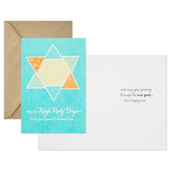 Greeting card with geometric star of David design and text on a white background