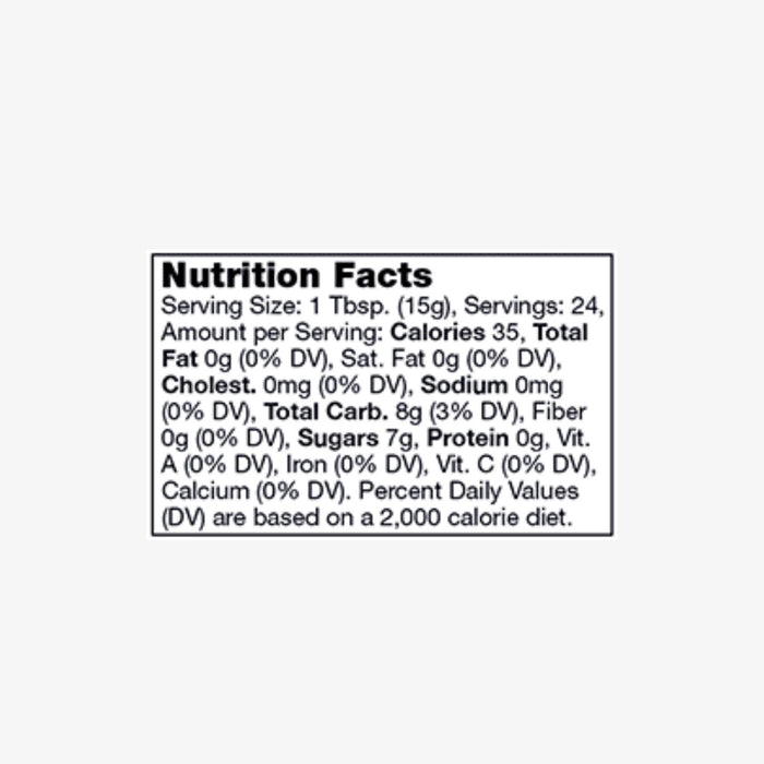 Nutrition facts label for a food product, showing a serving size of 1 tablespoon (15g) with 24 servings per container. Each serving contains 35 calories, 0g total fat, 0mg cholesterol, 0mg sodium, 8g total carbohydrates (3% DV), 0g dietary fiber, 7g sugars, and 0g protein. All listed vitamins and minerals, including vitamin A, vitamin C, iron, and calcium, show 0% daily value. Percent daily values are based on a 2,000 calorie diet.