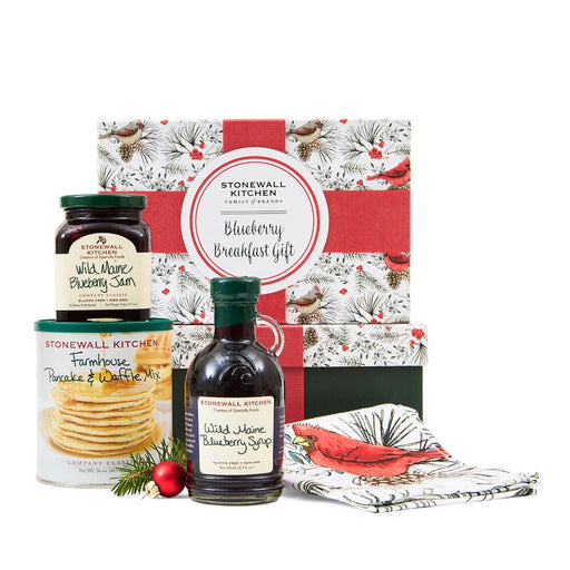 Stonewall Kitchen Blueberry Breakfast Gift Set 2025 Holiday Collection with wild Maine blueberry jam, syrup, pancake mix and holiday tea towel