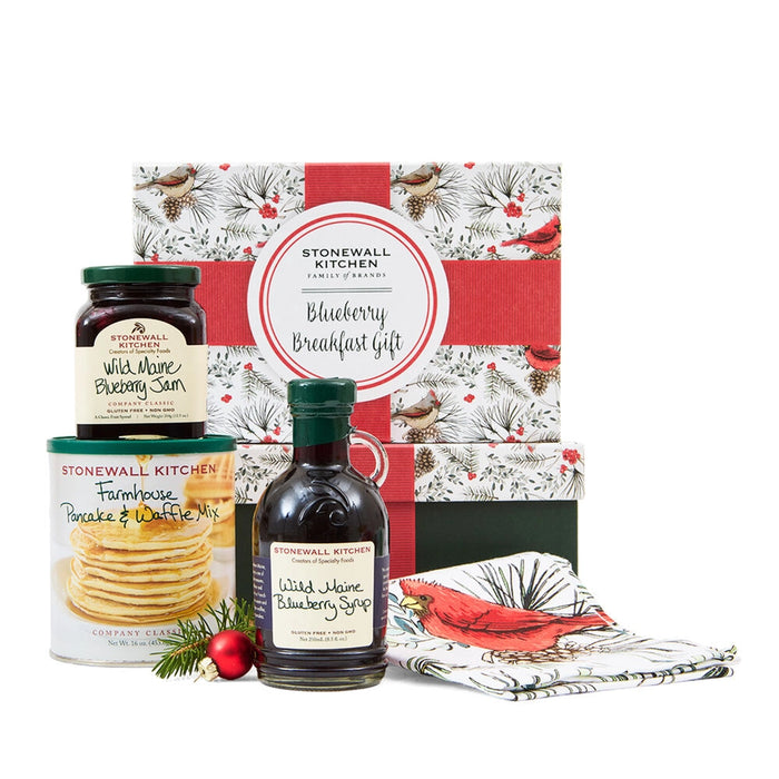 Stonewall Kitchen Blueberry Breakfast Gift Set 2025 Holiday Collection with wild Maine blueberry jam, syrup, pancake mix and holiday tea towel