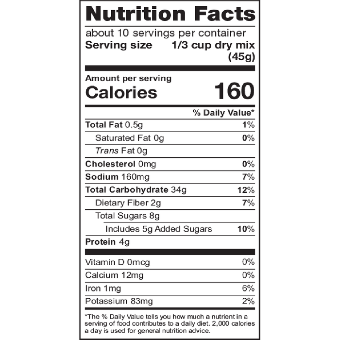 Nutrition Facts label for Stonewall Kitchen Blueberry Pancake & Waffle Mix, showing 160 calories per 1/3 cup dry mix serving, 0.5g total fat, 34g carbohydrates, 4g protein, 8g total sugars (5g added), 160mg sodium, and small amounts of calcium, iron, and potassium.