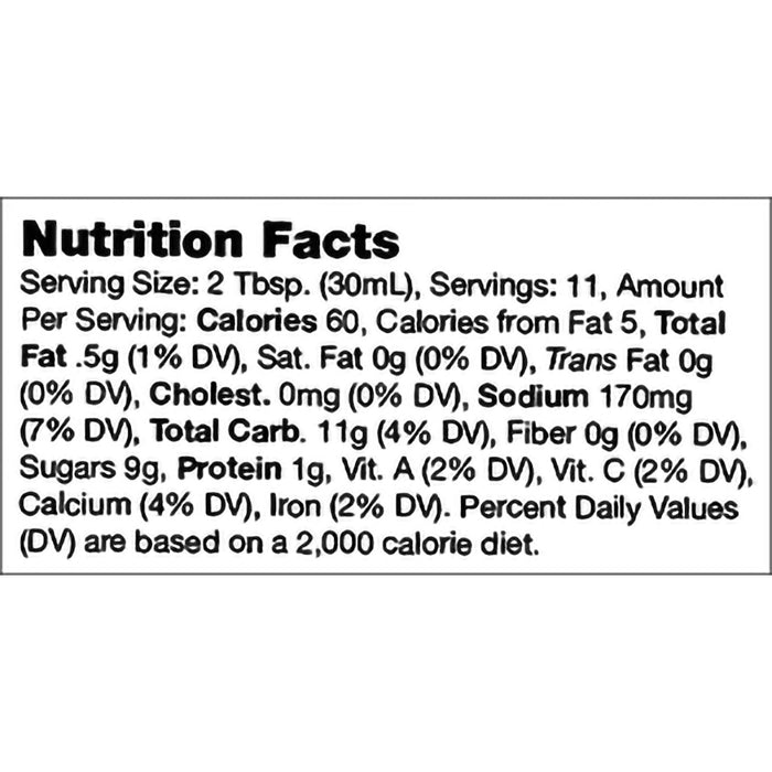 Nutrition facts label for a product with serving size, calories, and nutritional content details.