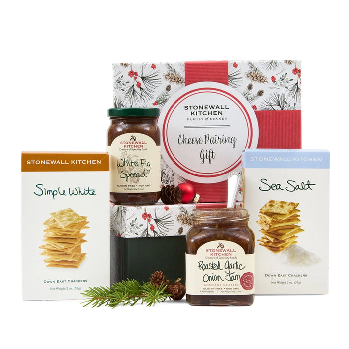 Stonewall Kitchen Cheese Pairing Gift Set 2025 Holiday Collection with fig spread, roasted garlic onion jam, sea salt and simple white crackers