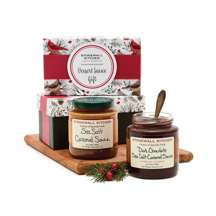 Stonewall Kitchen Dessert Sauce Gift Set 2025 Holiday Collection with sea salt caramel and dark chocolate sea salt caramel sauces in festive holiday packaging