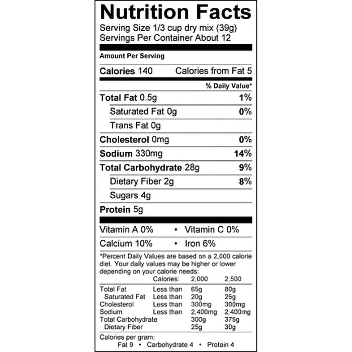 Stonewall Kitchen nutrition facts label for 1/3 cup dry mix (39g) serving, showing 140 calories, 0.5g total fat, 0mg cholesterol, 330mg sodium, 28g carbohydrates, 2g fiber, 4g sugars, 5g protein, plus calcium, iron, and vitamin percentages.