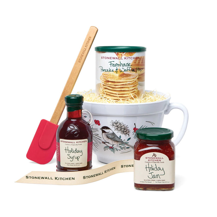Stonewall Kitchen Holiday Batter Bowl Gift Set with pancake mix, holiday syrup, holiday jam, ceramic mixing bowl and baking tools