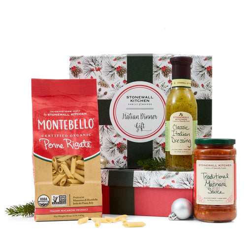 Stonewall Kitchen Italian Dinner Gift Set 2025 Holiday Collection with organic penne pasta, traditional marinara sauce and classic Italian dressing