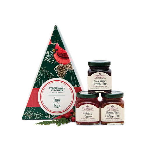  Stonewall Kitchen Jam Tree Gift Set with three mini jams; Wild Maine Blueberry, Holiday Jam, and Raspberry Peach Champagne, in a festive triangular holiday box.