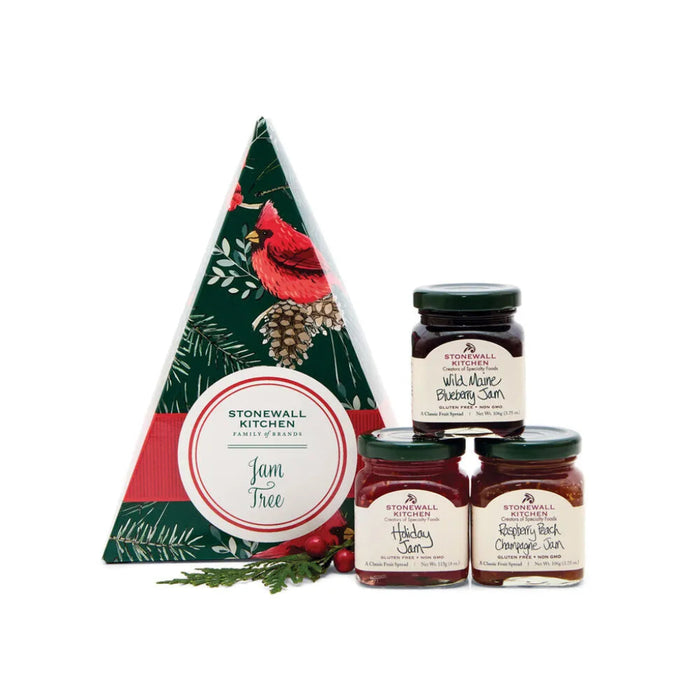  Stonewall Kitchen Jam Tree Gift Set with three mini jams; Wild Maine Blueberry, Holiday Jam, and Raspberry Peach Champagne, in a festive triangular holiday box.
