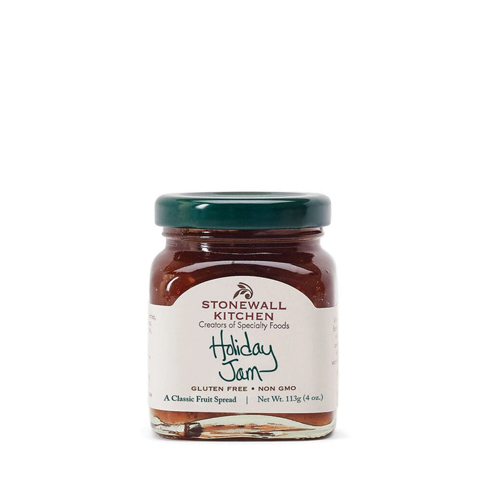 Stonewall Kitchen Mini Holiday Jam 4 oz jar with green lid and festive seasonal label, gluten free gourmet fruit spread.