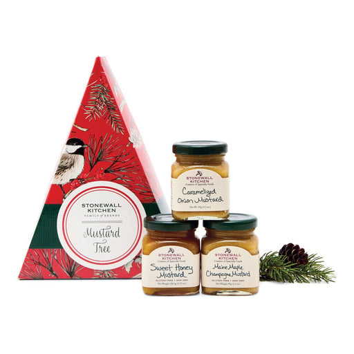 Stonewall Kitchen Mustard Tree Gift Set with three gourmet mustard jars in festive holiday tree packaging