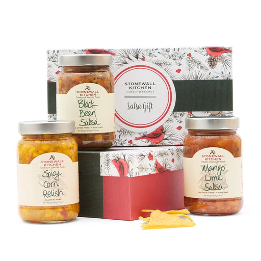 Stonewall Kitchen Salsa Gift Set 2025 Holiday Collection with black bean salsa, mango lime salsa, spicy corn relish and tortilla chips