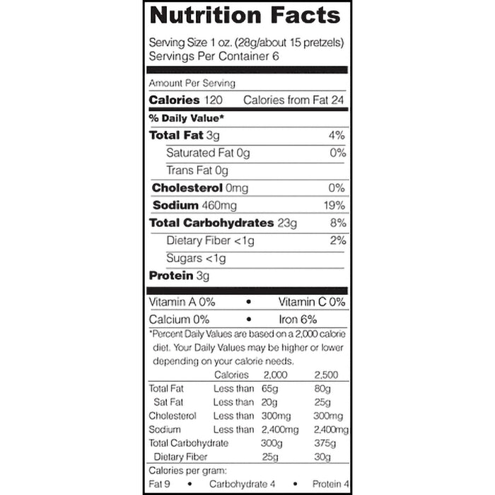 Stonewall Kitchen Seasoned Sea Salt Pretzels nutrition facts label displaying 120 calories per serving, 3g protein, 460mg sodium, less than 1g sugar, and 23g total carbohydrates per 1 oz (28g) serving.