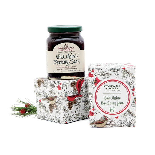 Stonewall Kitchen Wild Maine Blueberry Jam with packaging on a white background