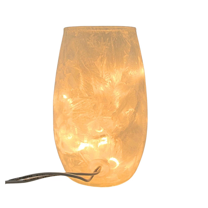 Back view of the Stony Creek frosted glass vase illuminated with internal plug-in string lights.