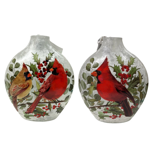 Two Stony Creek pre-lit vases with assorted cardinal designs, featuring single and paired cardinals on frosted glass with holly and berries.