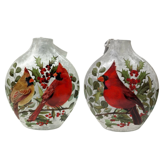 Two Stony Creek pre-lit vases with assorted cardinal designs, featuring single and paired cardinals on frosted glass with holly and berries.