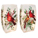 Two Stony Creek pre-lit vases with assorted cardinal designs, featuring single and paired cardinals on frosted glass with holly and berries.