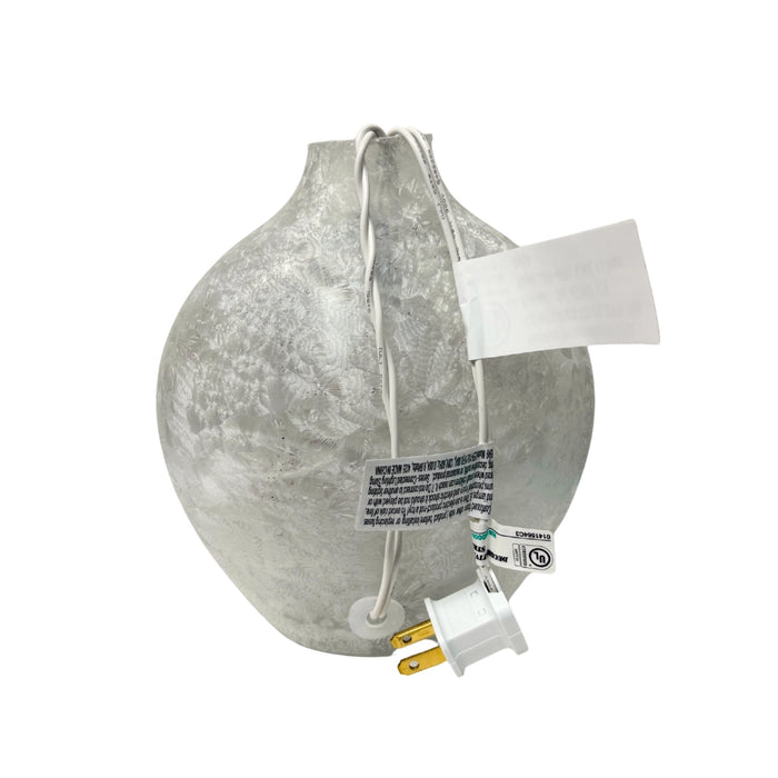 Back view of the Stony Creek circular snowman vase showing the crackled-glass texture and attached plug-in light cord.