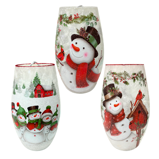 Pre-lit Stony Creek medium snowman vase illuminated with snowman family design and snowy barn scene.