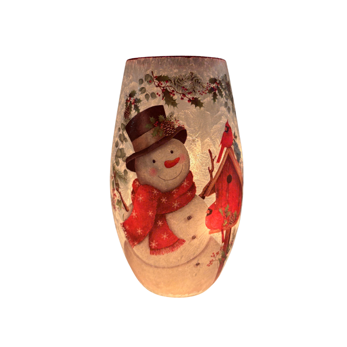 Stony Creek medium snowman vase illuminated with snowman holding birdhouse and cardinal design.
